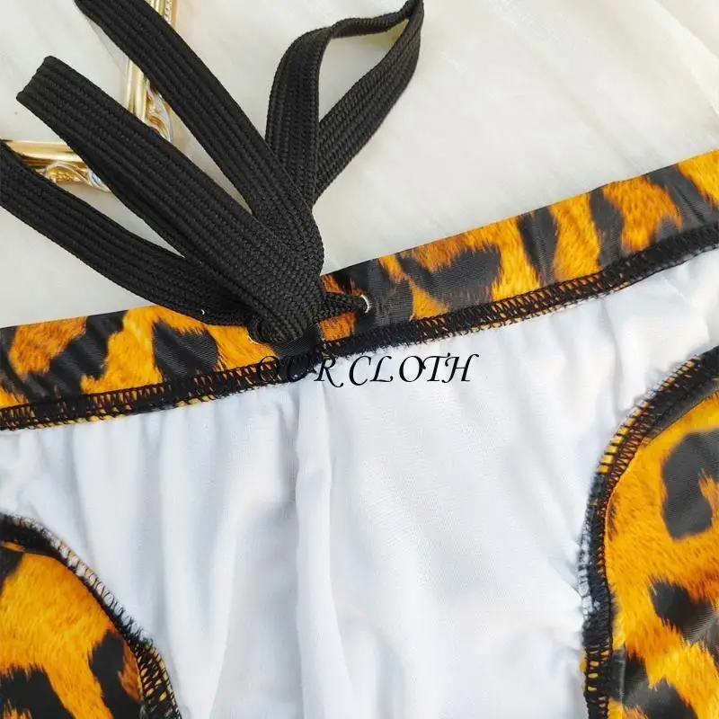 Men Swim Briefs High Elasticity Low Rise Swim Briefs Leopards Print Triangular Beach Shorts Drawstring Briefs Underwear Y1AC