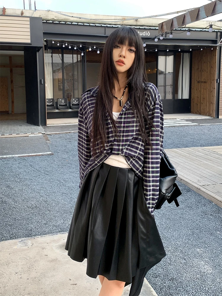 

New 2000 Grid Shirt Strap Vest Two-Piece Set Women's Casual Style Cotton Linen Long Sleeve Button up Skintight Fit Shirt