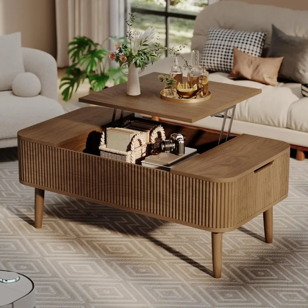 

Mid Century Modern Wooden Fluted Lift Top Coffee Table Rectangular Center Table With Hidden Storage For Living Room Home Use