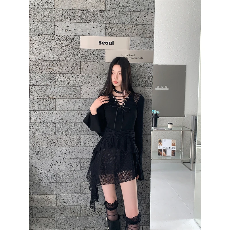 

MEXZT Y2K Irregular Black Mini Dress Women Fashion Lace Ruffles Dresses Summer Gyaru Gothic Bandage Long Sleeve Bodycon Vestidos