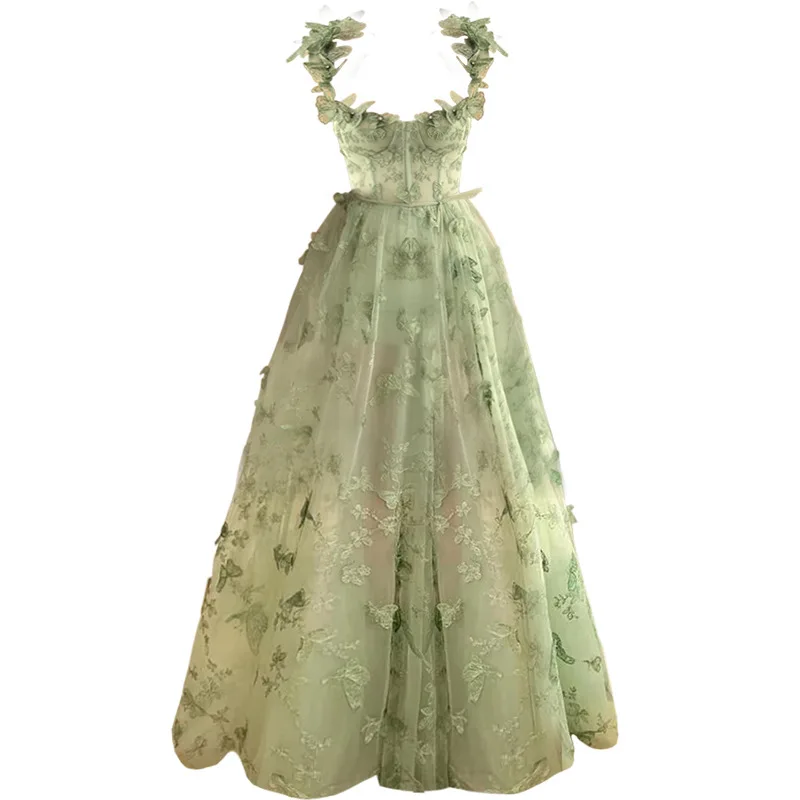 Forest Fairy Evening Gown: Lace Mesh Modest Dress w/ Thigh High Slit