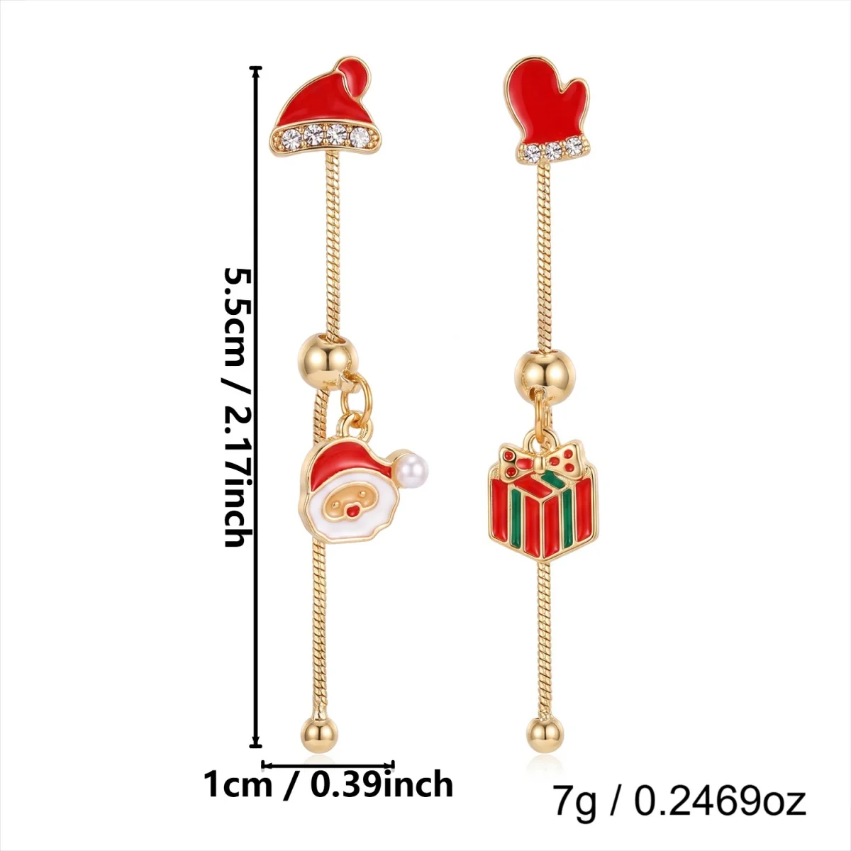 Weihnachts-Kletter-Set: Weihnachtsmann-Mütze, Handschuhe, Quasten-Ohrringe für Damen, asymmetrische Weihnachtsbaum- und Schneemann-Ohrringe, Schmuck. – Detail 4
