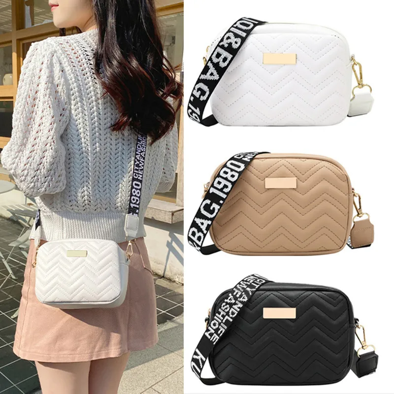 Wave Embroidered Small Square Bag PU Material Casual Versatile Single Shoulder Bag With Printed Shoulder Strap Crossbody Bags