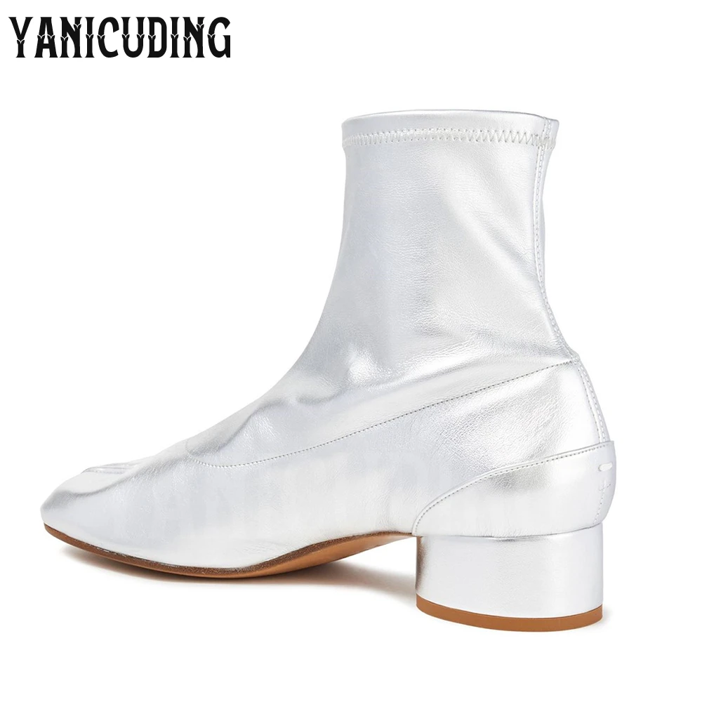 Metallic Silver Stretch Leather Sock Tabi Boots Ankle-High Cylindrical Block Heel Women Booties Cleft Square Toe Stitching Boots