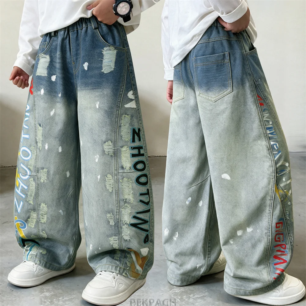 Street Style Boys'Jeans for Hip Hop Dancing Fashion Gradient Denim Pants Kids Children Hiphop Rap Jeans Trousers 5 6 8 10 12 14Y