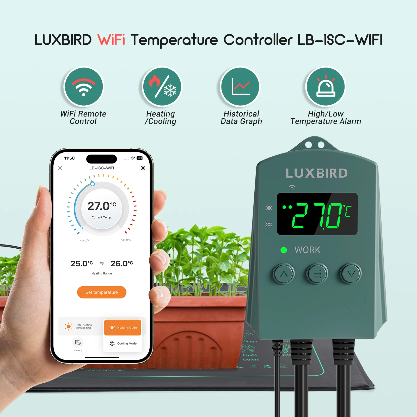 LUXBIRD WiFi Temperature Controller with Heating Cooling Modes Ideals for Seedling Germination,Reptiles,Refrigeration,Home Brewi