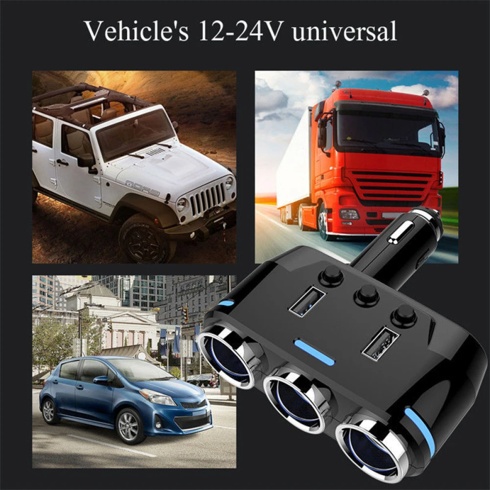 100W Vehicle Start Cigarette Lighter Splitter 3 Way 2 USB Socket Fast Car Charger Plug Phone Power Adapter for DVR GPS Dashcam