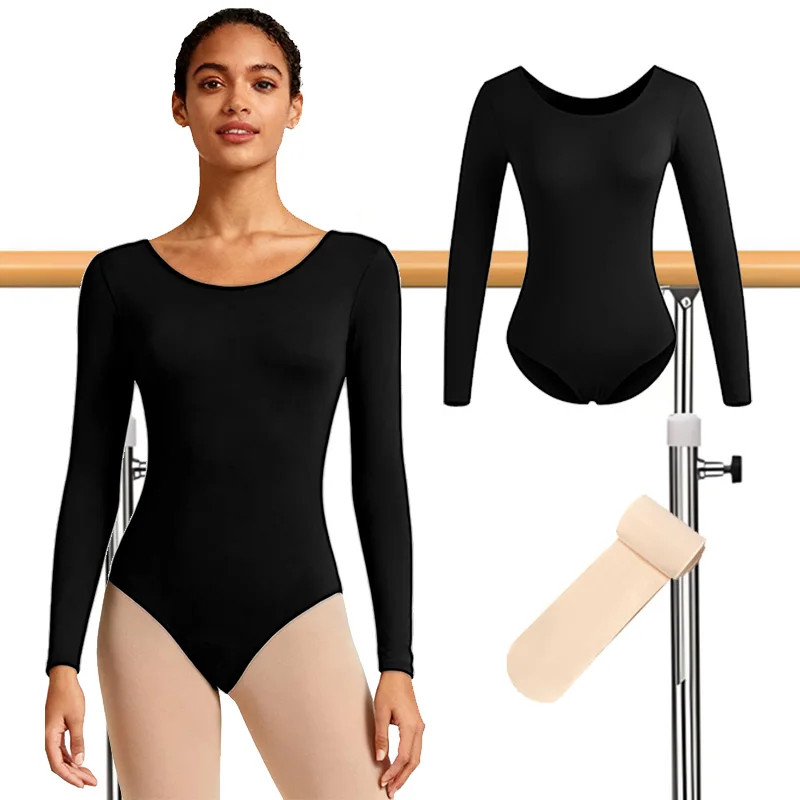 Women's 2Pcs Team Basic Long Sleeve Ballet Dance Leotards for Adult Gymnastics Dance Set with Lining and Dance Tights Socks