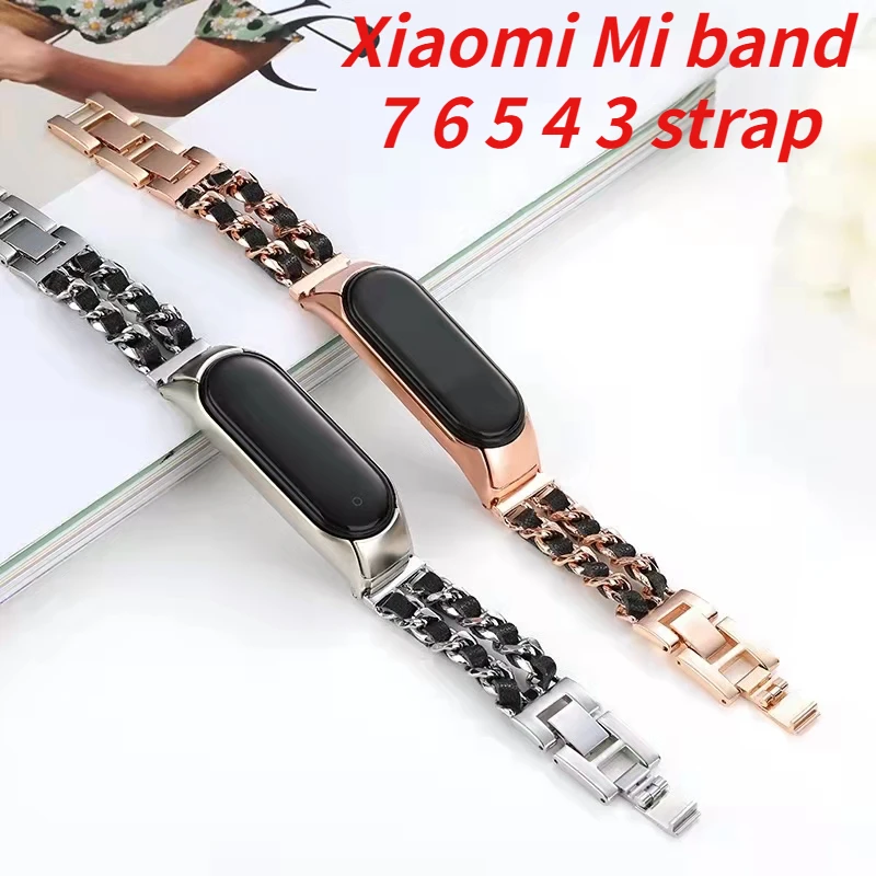 

Metal＋Leather Strap For Xiaomi Mi band 7 6 5 4 3 Smart Watch Stainless Steel Fashion Bracelet Belt For Xiaomi Mi band 7 6 Correa