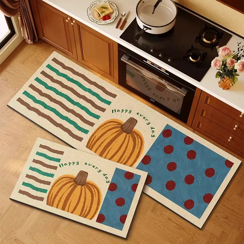 Non-slip Kitchen Floor Mat PVC Leather Washable Foot Rug Pumpkin Pattern Oil-proof Waterproof Carpet Retro Home Decoration Mats