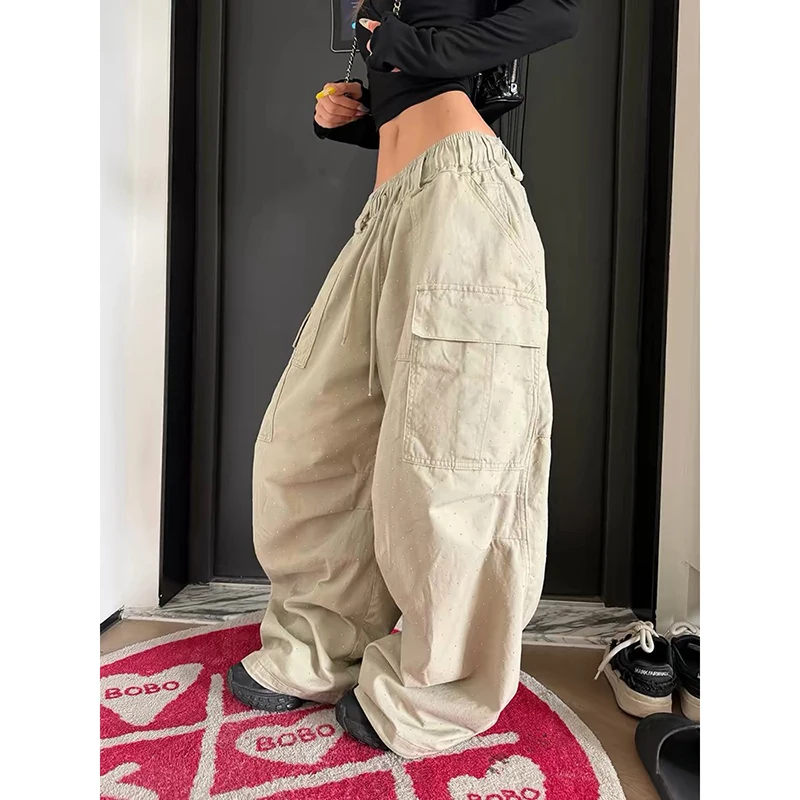 YIBASHU Women's Khaki Workwear Pants Jeans Y2K American High Street Harajuku Loose Wide Leg Long Jeans Casual Clothing Autumn