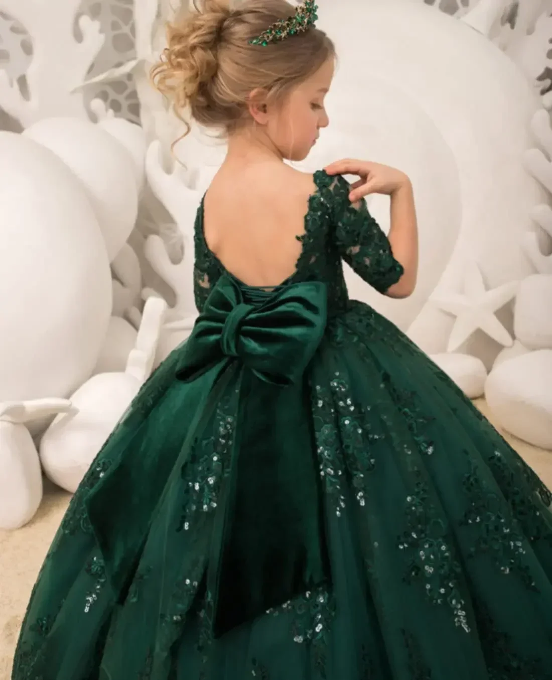 Half Sleeve Flower Girl Dress for Wedding Toddlers Sequined Lace Princess Pageant Gowns With Bow Emerald Green Birthday Dress