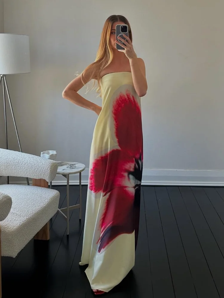 Women Sexy Floral Printed Backless Maxi Dress Fashion Off Shoulder Back Belt Loose Robes 2025 Summer Lady Beach Party Dresses