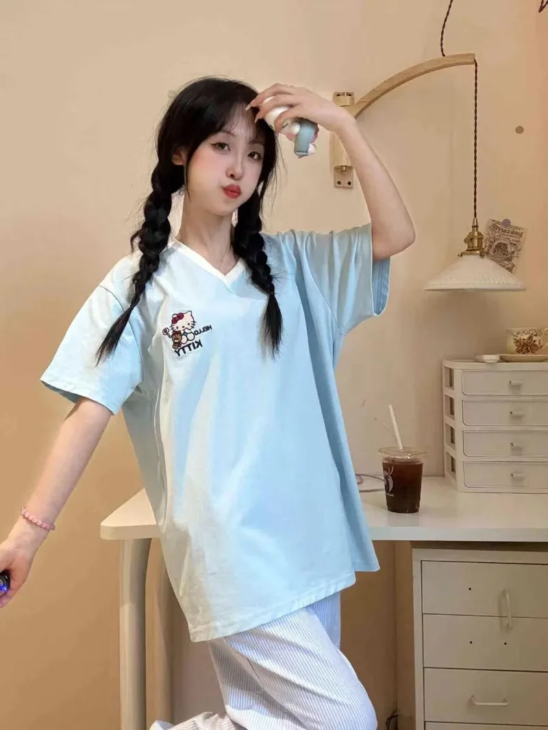 

Sky Blue Cute Hello Kitty Embroidered V-neck Short Sleeved Shirts for Women Summer Korean Soft Girl Kawaii Tops Women Clothes