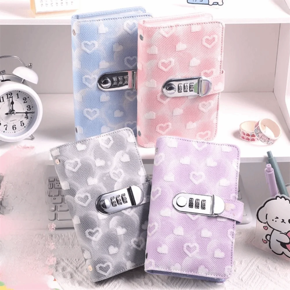 Password Lock Cash Savings Book PU Leather Waterproof Design Savings Wallet Notebook Large Capacity Heart Print