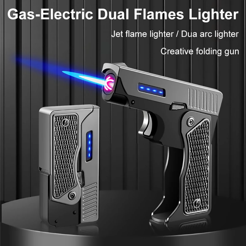 2 In 1 Creative Folding Charging USB Lighter Jet Blue Flame And Dual Arc Cigar Butane Gas Lighter Smoking Accessories Gadgets