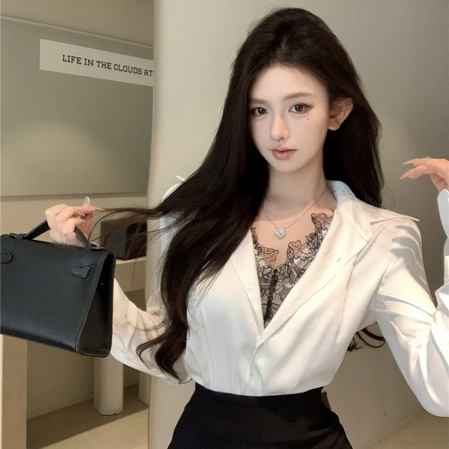 Retro Sexy Lace Splice V-Ne Long Sve Satin irt High Waist Bodycon  Skirt Women's Faion Set Winter Commute Sle