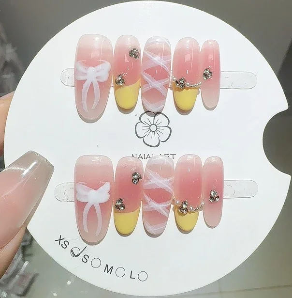 10 Uds. De uñas postizas francesas doradas con purpurina de perlas y lazo hechas a mano ovaladas medianas de color rosa dulce, manicura acrílica usable