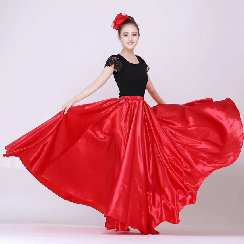 New 540Degree Satin Smooth Solid Spanish Flamenco Skirt Plus Size Belly Dance Costumes Femal Woman Skirt  100cm 105 110cm 115cm