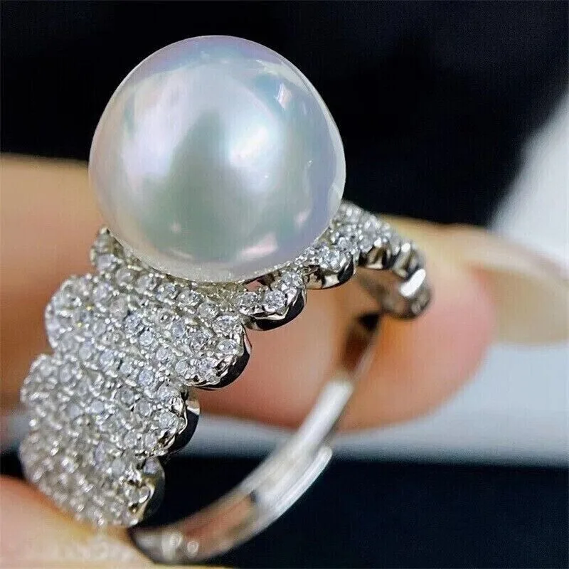 

AAAA ++ 10-11mm Natural Round AKOYA Genuine White Pearl 925S Adjustable Ring - Elegant Temperament Women's Ring