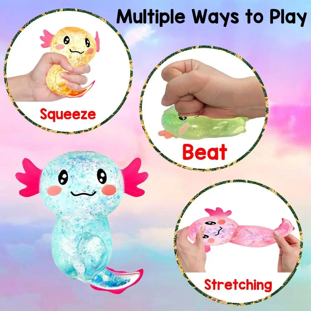 Glitter Squishy Stress Glitter Sugar Filled Cute Shape Squishy Fidget Stress Ball Soothing Texture Axolotl Squishy