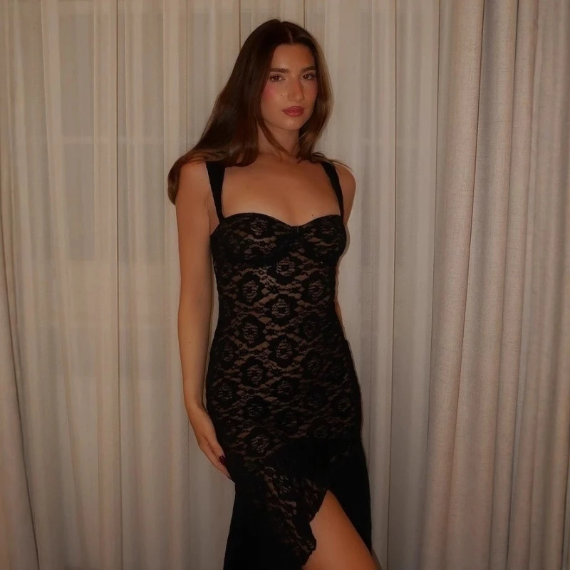

Sexy Lace See Through Slit Dress Temperament Slim Fit Camisole Dress Fashionable Instagram Style Women's Solid Color Party Dress
