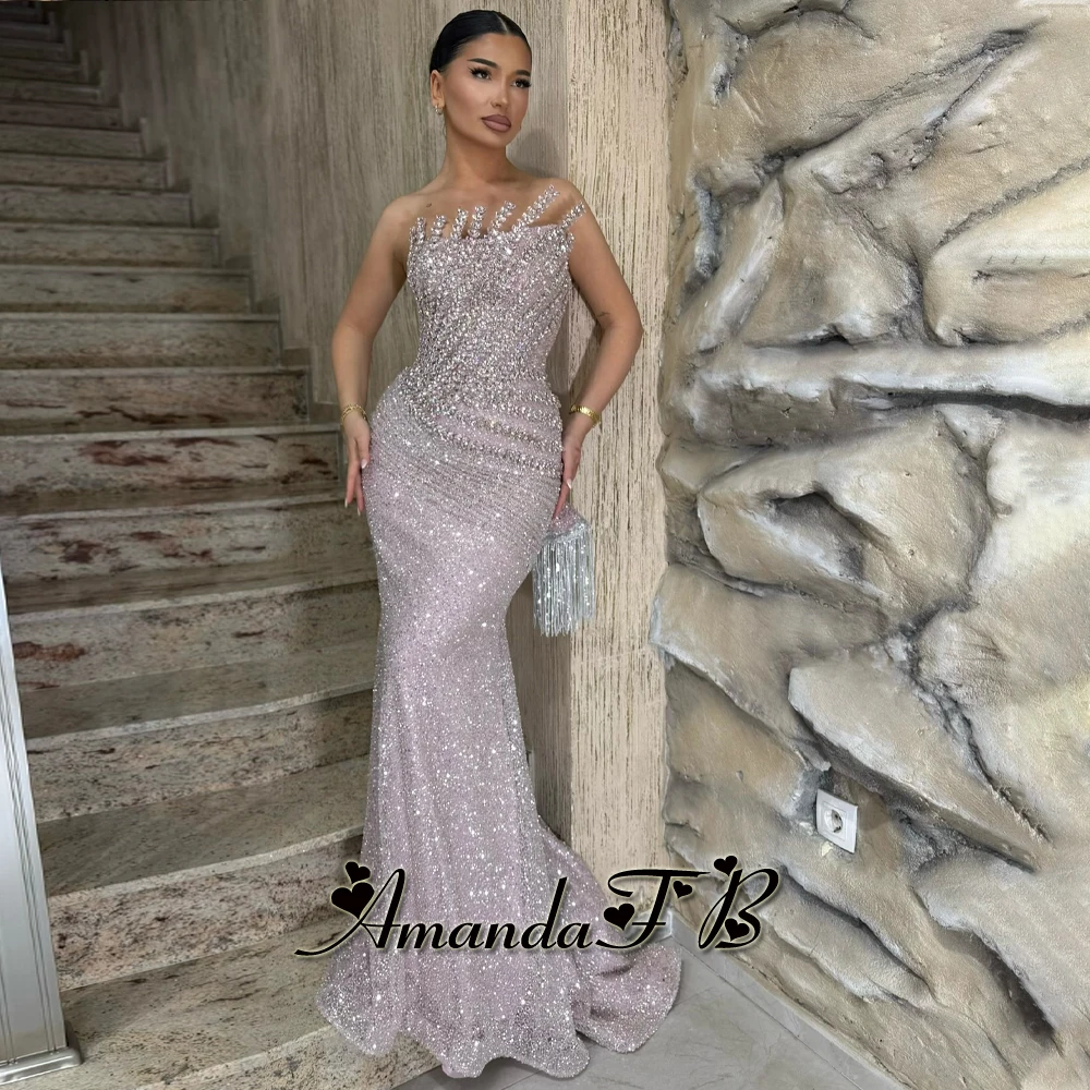 فستان سهرة من أماندا بأحجار الراين اللامعة للنساء مزين بالترتر والخرز بدون أكمام بدون حمالات فيستدوس دي غالا مخصص