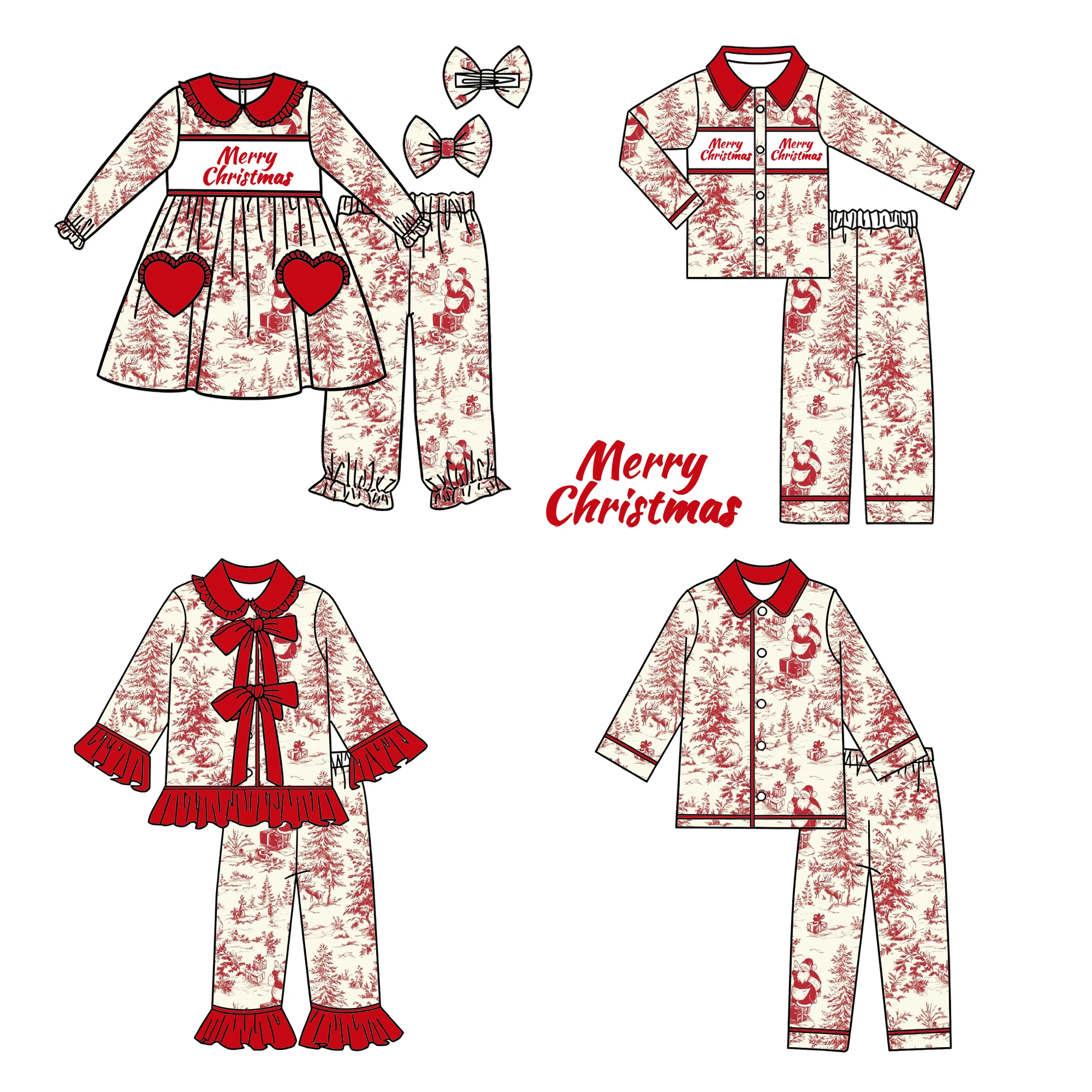New Kids Christmas Pajama Set Vintage Santa Forest Print Long Sleeve Top Pants Toddler Boys Girls Xmas Outfits