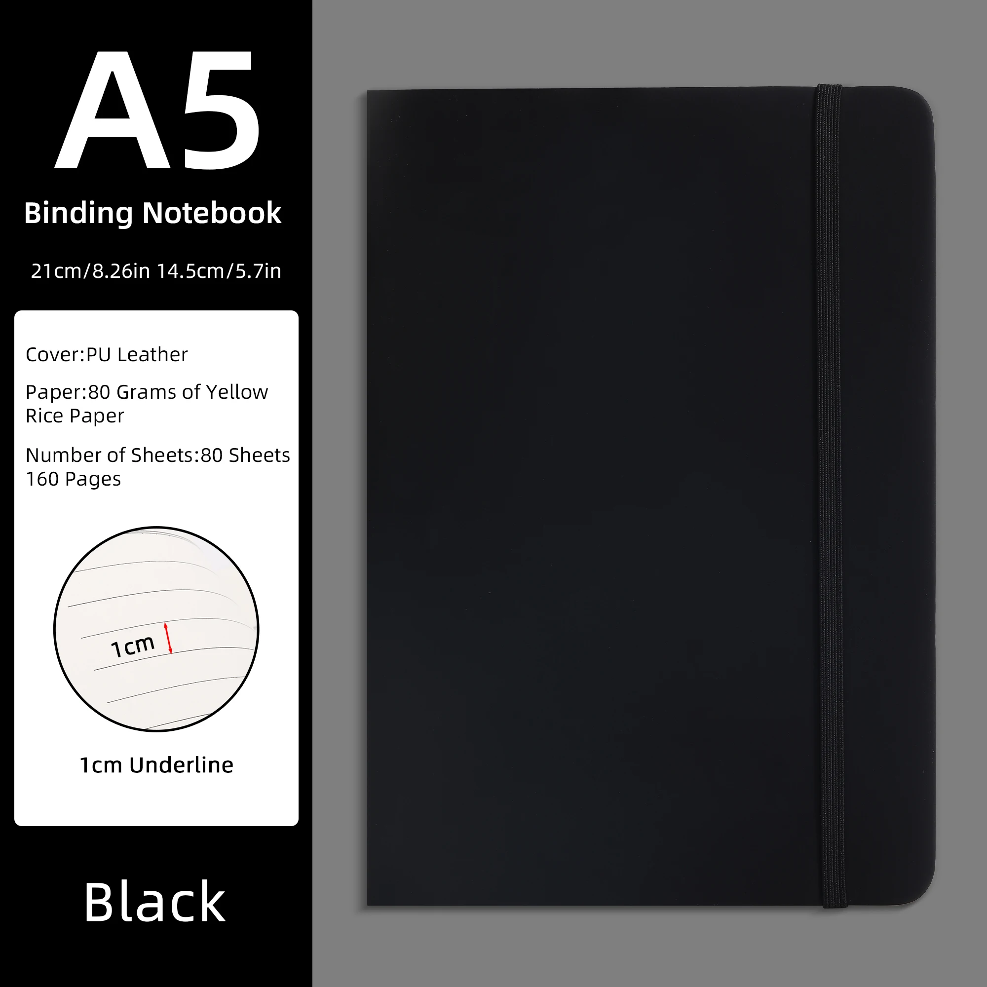 A5 PU-Leder Notizbuch - Lila, 80 Blatt (160 Seiten) 80g/m² Gelbes Reispapier, 1cm Unterstrichung, Hardcover-Journal mit Gummiband – Detail 5
