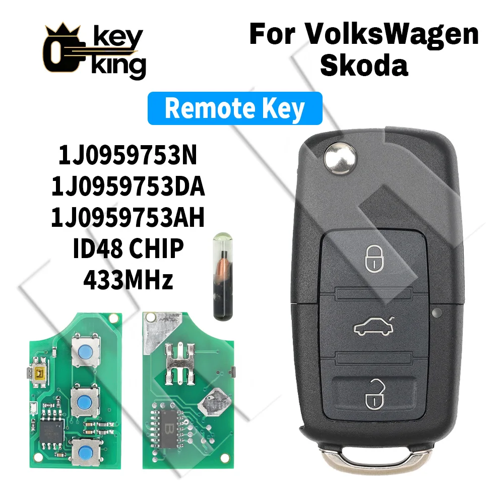 KK 3 Button Flip Remote Car Key Fob For Volkswagen Skoda, ID48 Chip, 433MHz Keyless Entry Replacement Key