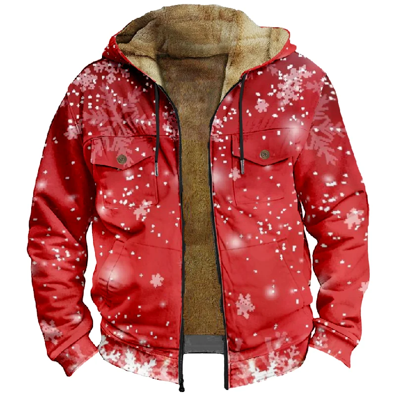 New Christmas Cotton Coat Hooded Sweater Casual Print Men's Fur Loop Arctic Velvet Zipper Patch Pocket Hooded Sweater a02