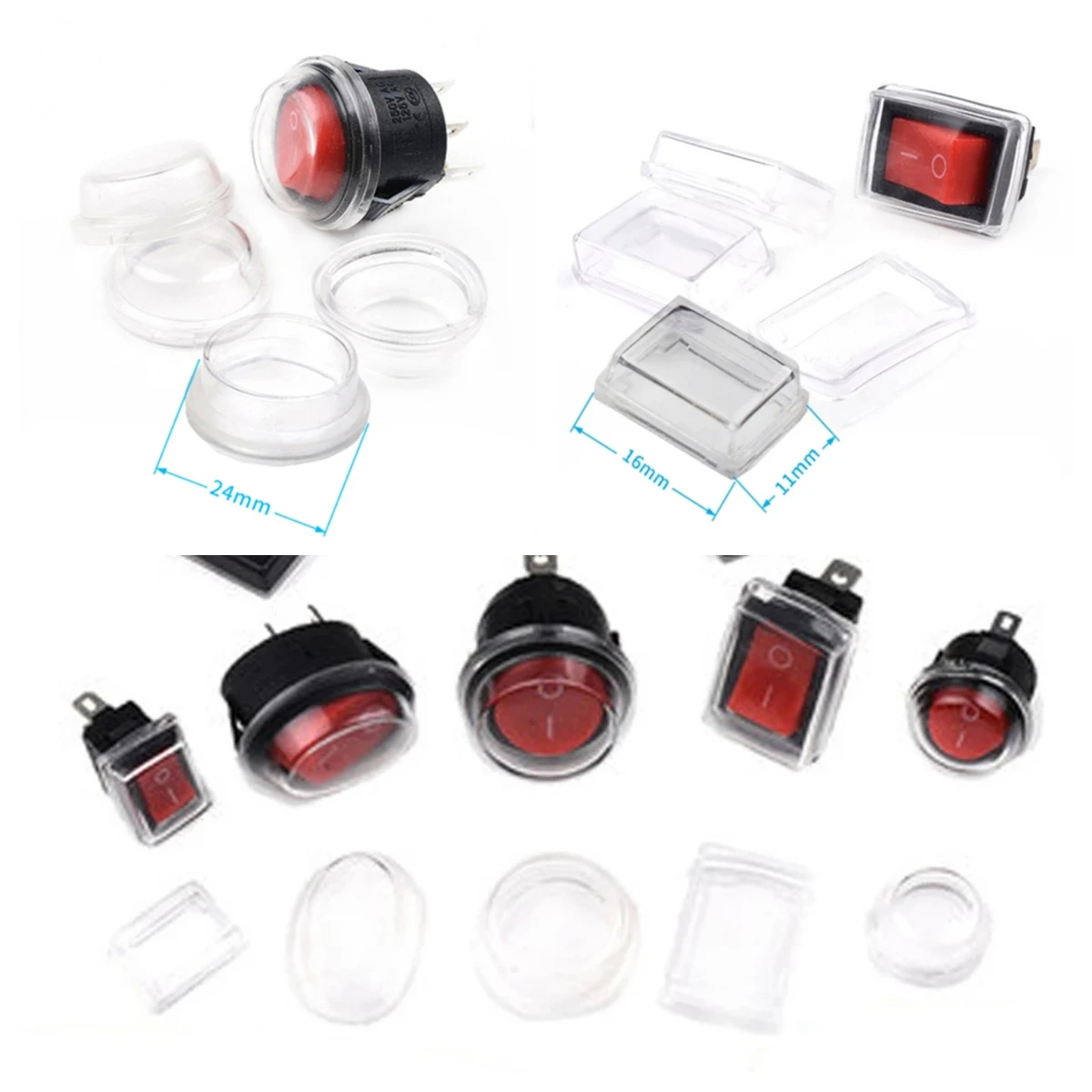 

10piece rocker switch transparent dust cover 10x15/21x15/31x23mm square round button switch waterproof cap for diameter 16/23 mm