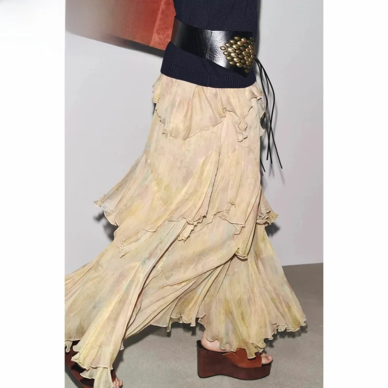

New Summer 2025 Women's Midi Skirt Asymmetrical Layered Decorative Print f-length Skirt A-line Loose Fit Commute Sle