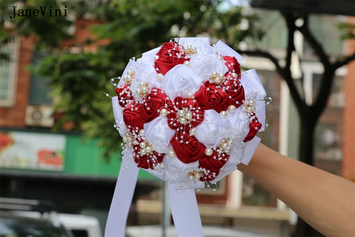 Janevini elegantní bordó bílá stuha květin západní svatební bouquets perly umělý satén roses svatební kytice pro nevěsta