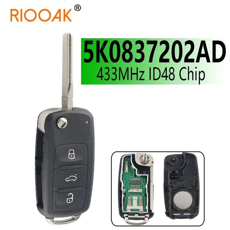 

433MHz ID48 Chip Remote Key 5K0837202AD for VW/VOLKSWAGEN Beetle/Caddy/Eos/Golf/Jetta/Polo/Scirocco/Tiguan/Touran/UP