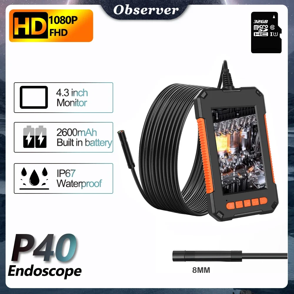 

8mm Single Lens Industrial Endoscope 4.3 Inch IPS Screen 1080P Handhold Inspection Borescope Monitor Cam IP67 Waterproof 2600mAh