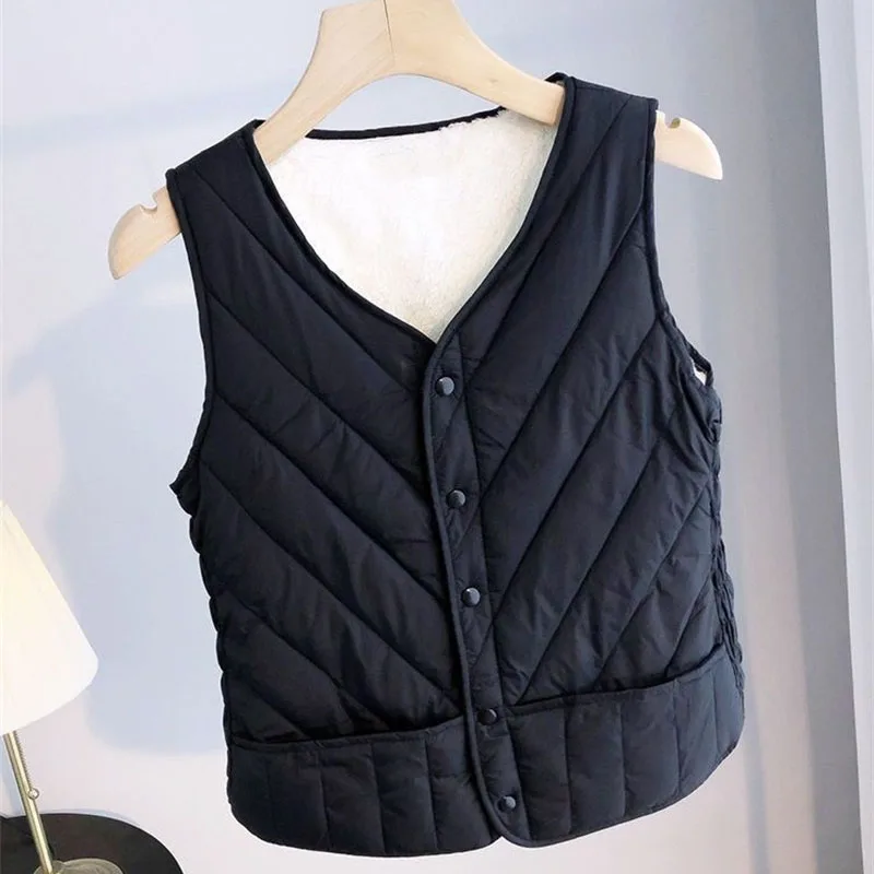 2026 New Autumn Winter Down Cotton Vest Women Coat Add Velvet Thick Warm Inner Wear Bottom Layer Vest Coat Jacket