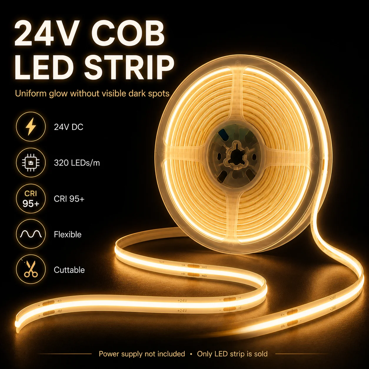 LTG-GEE PCB COB LED Strip Light 24V Free Cut 320LEDs/M High Density Flexible Tape 2PIN Wire Home Decor Warm Natural White