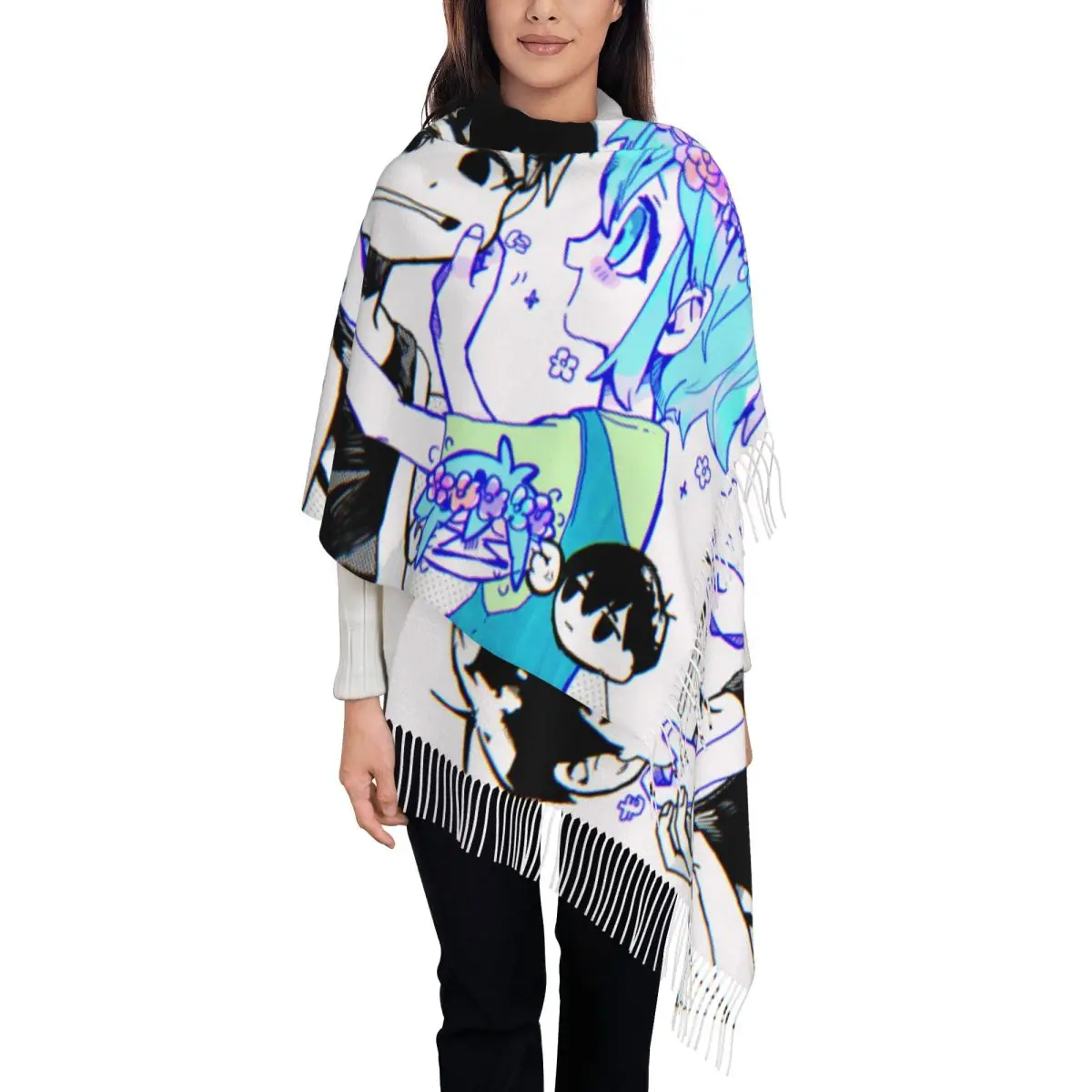 Omori Basil Sunny Scarf for Womens Winter Fall Pashmina Shawl Wrap Video Game Long Large Scarves with Tassel for Daily Wear