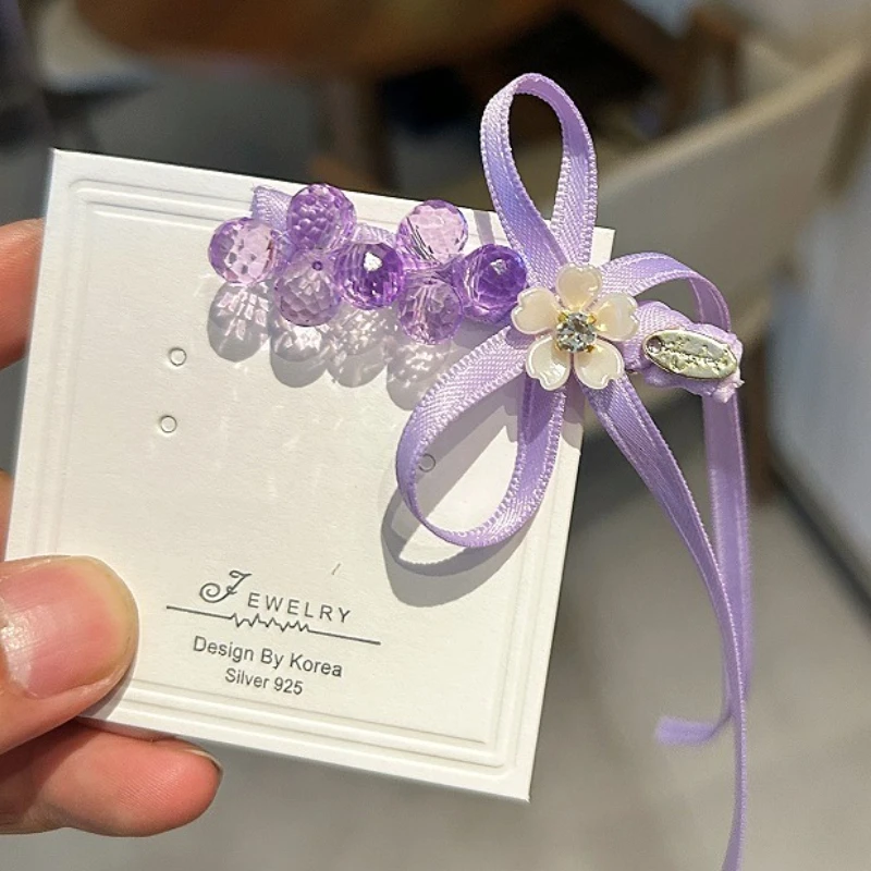 

Korean Hair Accessory Pink Ribbon Bow Crystal Hair Clip Fringe Side-Swept Bangs Barrette Sweet Girl Duckbill Clip Hair Ornament