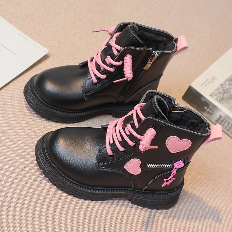 Girls Boots Kids Fashion Rubber Boots Cool Girl Autumn Winter New Cotton Soft Sole Pink Heart Side Zip Round Toe Princess Shoes