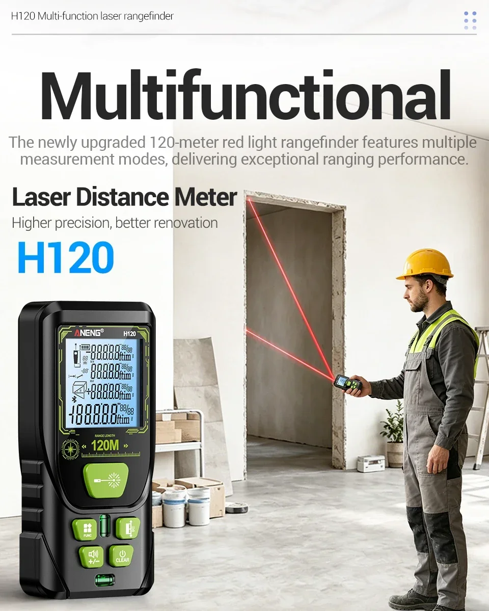 ANENG H120 Digitaler Laser-Entfernungsmesser Hohe Präzision ±3mm Tragbarer Mini-Laser-Messgerät 0,05m~120m Fläche/Volumen Multifunktions-Tester – Detail 15