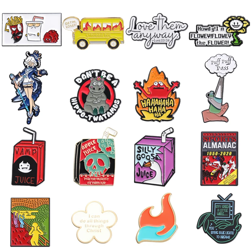 Cartoon Science fiction film Collection Enamel Pins Jesus Bus Juice box Brooch Lapel For Backpack Hat Badges Anime Jewelry Gift