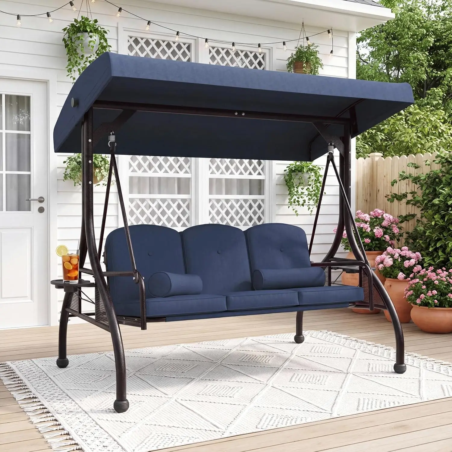 Outdoor Porch Swing With Adjustable Canopy & 2 Pillows, 800 Lbs, Customized