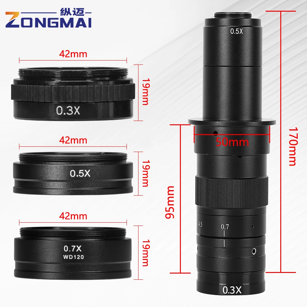 Lente de vidro objetiva auxiliar Barlow 0,3X/0,5X /0,7X/ 1,5X/2X para lente de microscópio de vídeo industrial 10A C-MOUNT