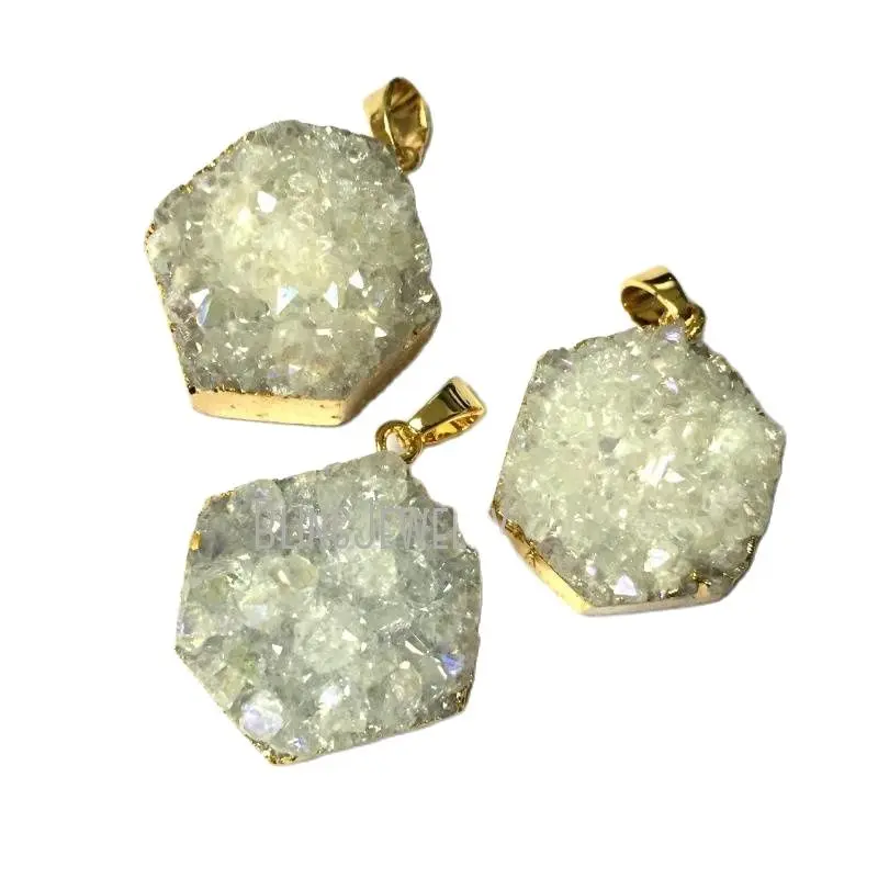 

PM1303 Healing Crystal Or Stone Geometry Pendant White OR pink Hexagon Charm With Electroplated Druzy