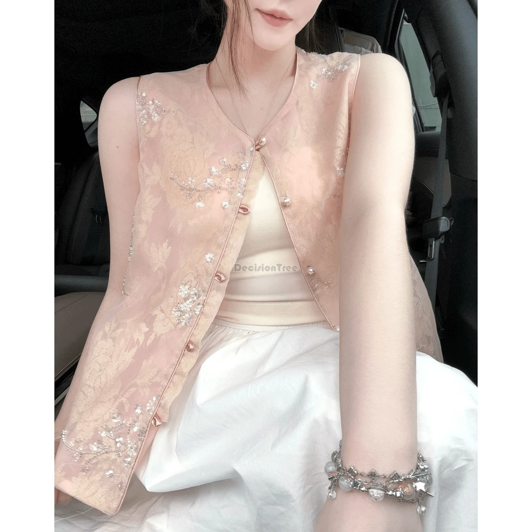 

2025 new chinese improved fashion style thin and elegant beaded sequined vest sleeveless embroidered women tang suit blouse t001