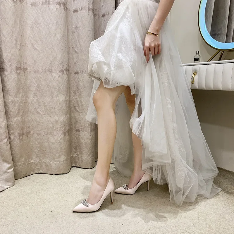 Wedding Shoes Women's 2024 New  Bridal Wedding Dress Shoes Rhinestone Princess Satin Bridesmaid Champagne Gold Dress Shoes