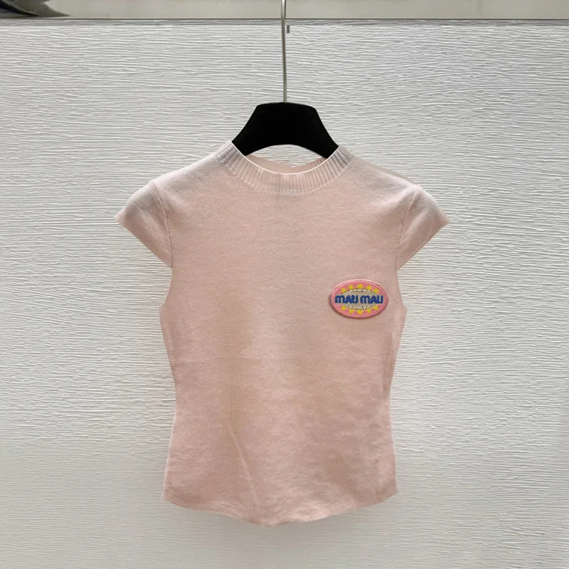 بلوزة محبوكة وردية بأكمام قصيرة للنساء، أسلوب أنيق على الطراز الكوري، قميص ضيق برقبة مستديرة للفتيات الشابات