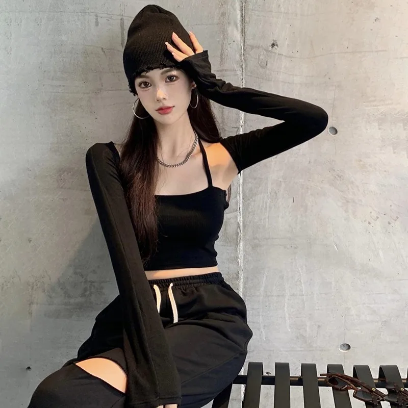 2pcs Sets Women Cool Square Collar Mini Crop Top Cute Harajuku Korean Style Leisure New Fashion Soft Streetwear Lovely Ins